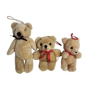 Set 3 vintage Small Teddy Bear Ornaments Christmas Festive Decor Tan Red‎ Ribbon